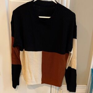 Cupshe Tri-Tone Knit Sweater - Black, Cream, Tan